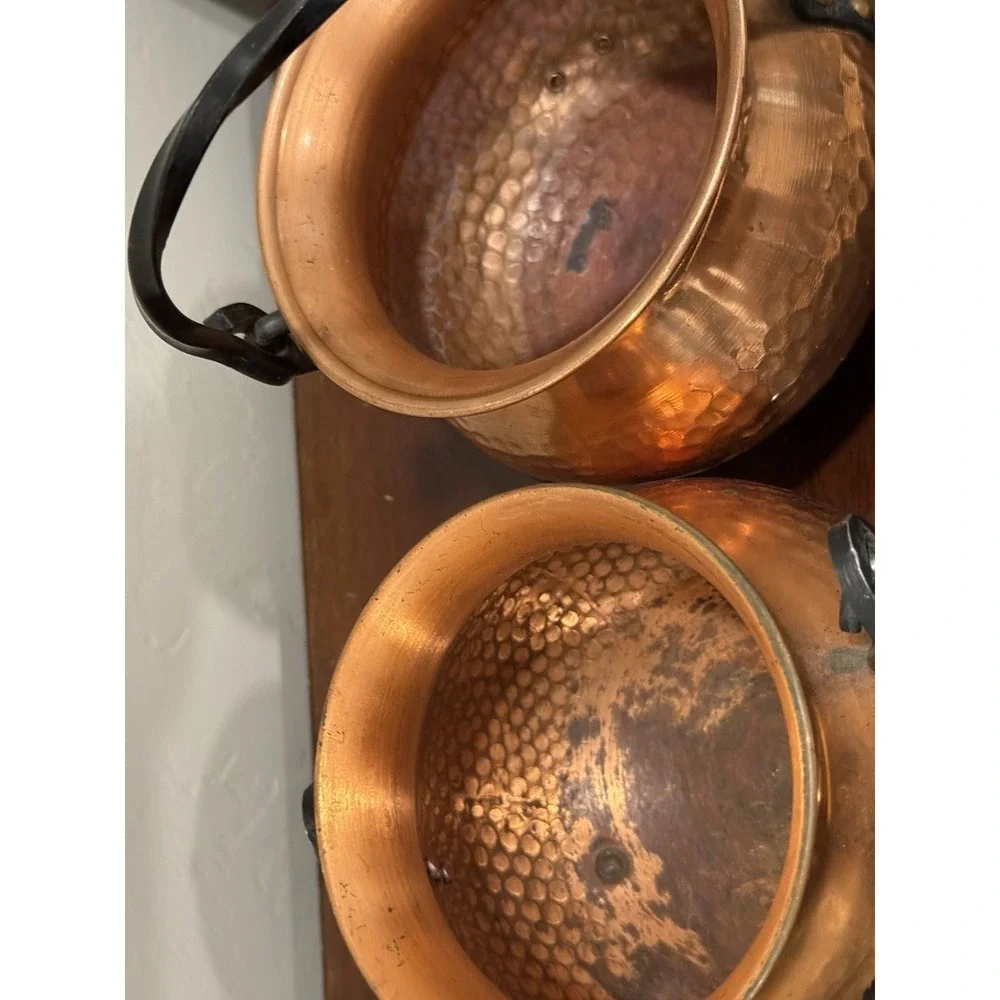 VTG Set Of 2 Hammered Copper Pot Cauldron Germany Bail Wrought Iron Handles Feet